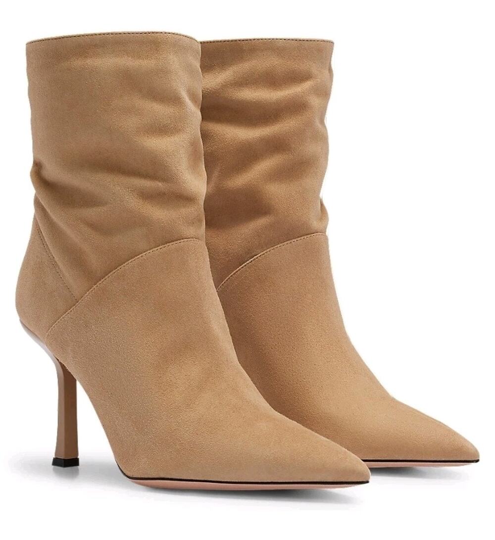 BOSS Medium Beige Suede Pointed Toe Ankle Booties Boots NIB